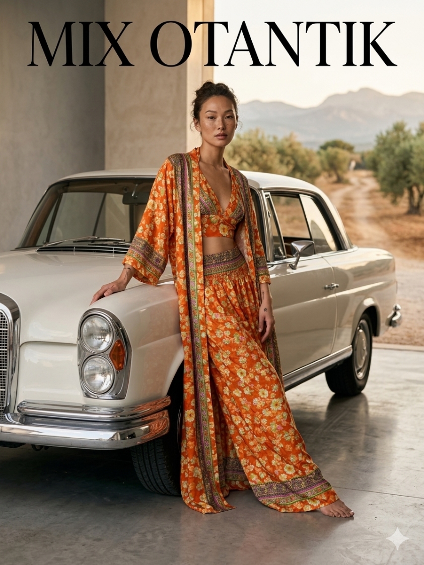 Royal Bohem Gold Yaldızlı 5 Parça İpek Takım – Kimono Büstiyer Pantolon Set